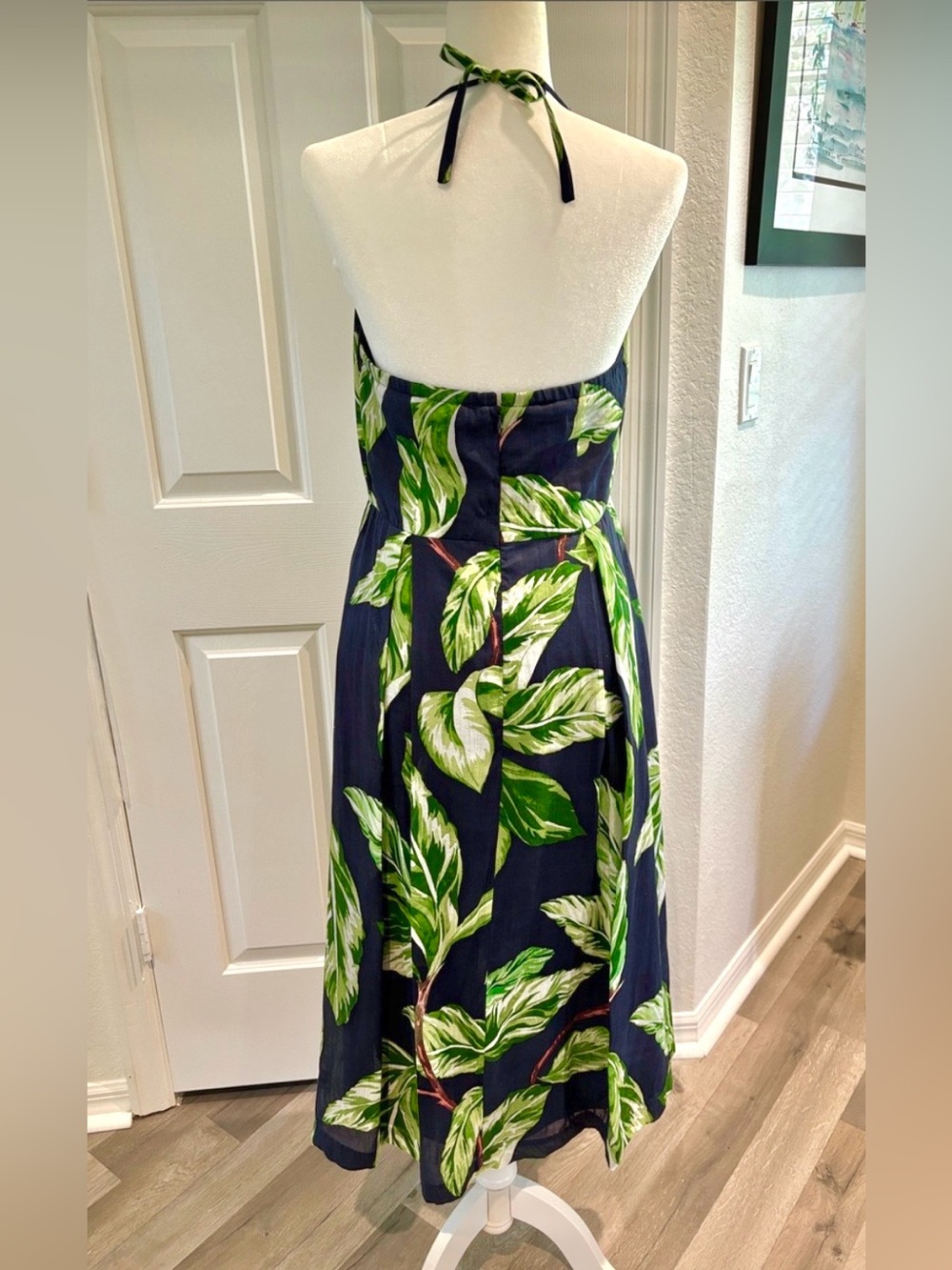 Ann Taylor Navy Halter Midi Dress with Green Leaf Print